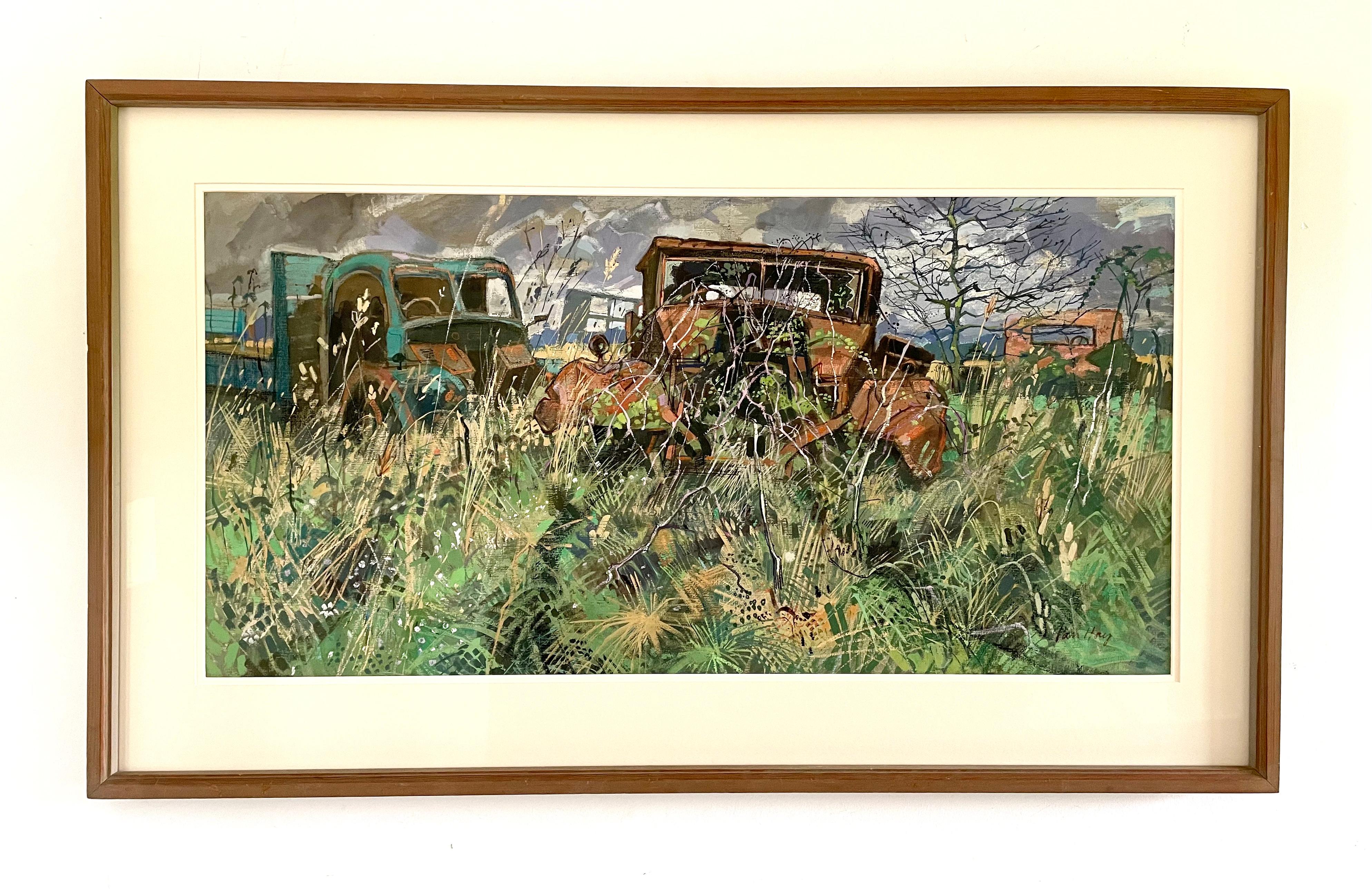 1970s British watercolour of Rusting Cars by Ian Hay For Sale 1