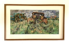 1970s British watercolour of Rusting Cars by Ian Hay