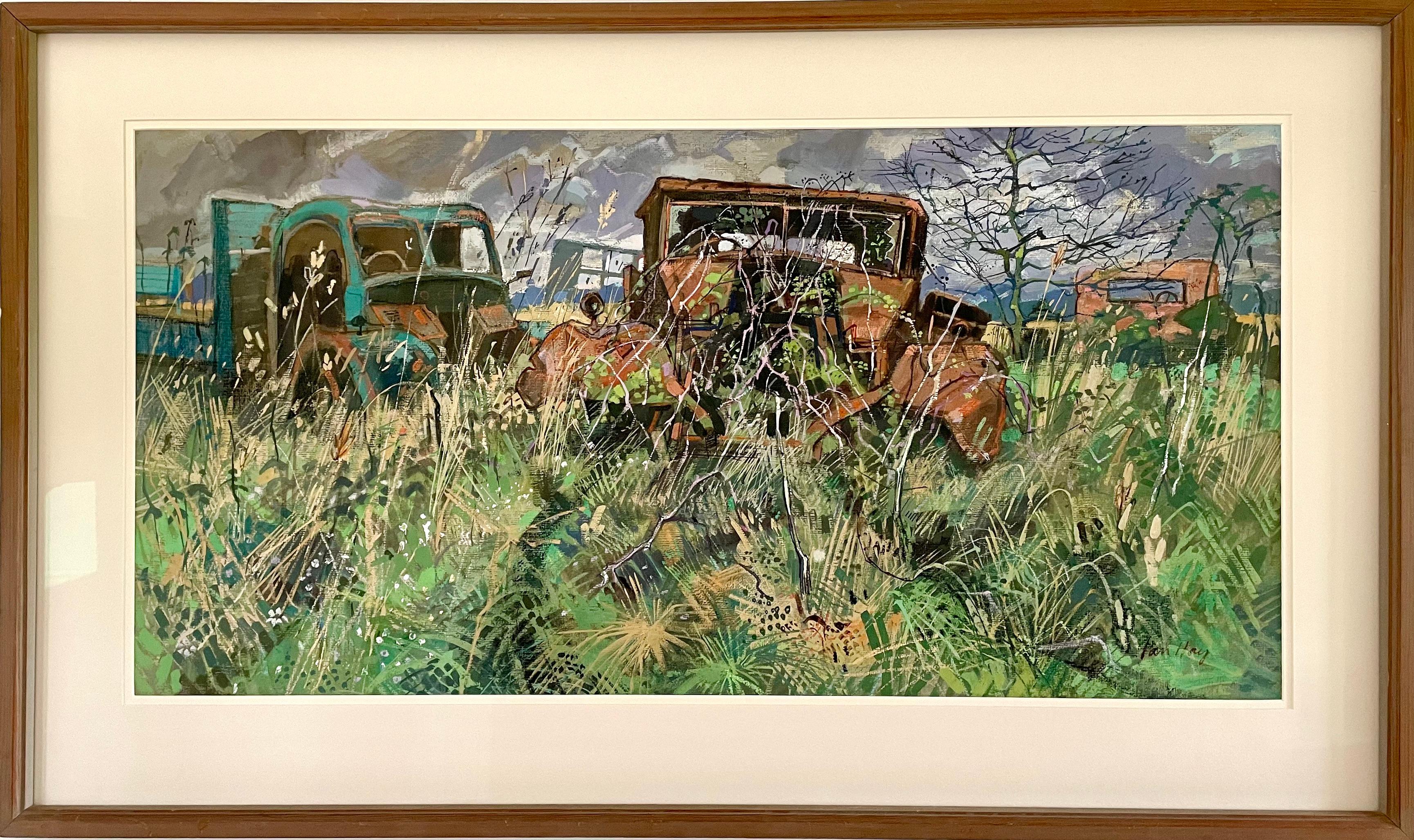1970s British watercolour of Rusting Cars by Ian Hay For Sale 3