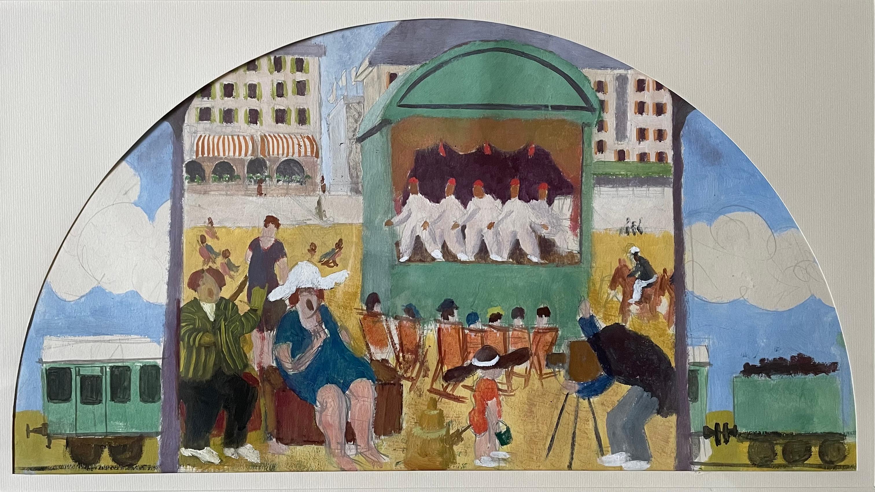GERALD MACKENZIE LEET
(BRITISH 1913-1998)

A Day at the Seaside – Design for a Mural

Watercolour and gouache over pencil, arched top
Framed

26.5 by 49.5 cm., 10 ½ by 19 ½ in.
(frame size 47.5 by 69.5 cm., 18 ¾ by 27 ½ in.)

Provenance:
The