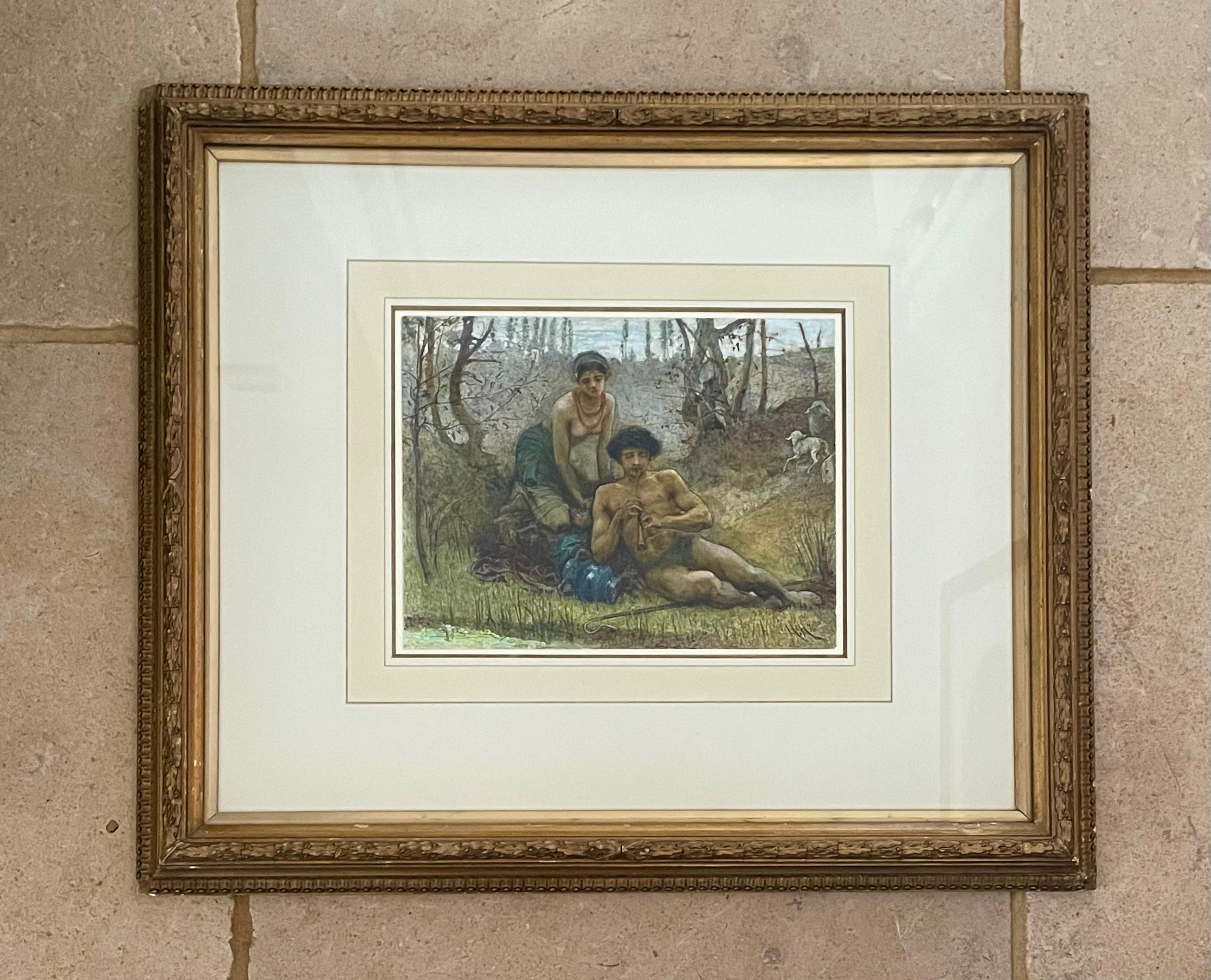 Le pipe di Pan - Acquerello inglese di Hubert von Herkomer - Art Romantico di Sir Hubert Von Herkomer R.A. RWS