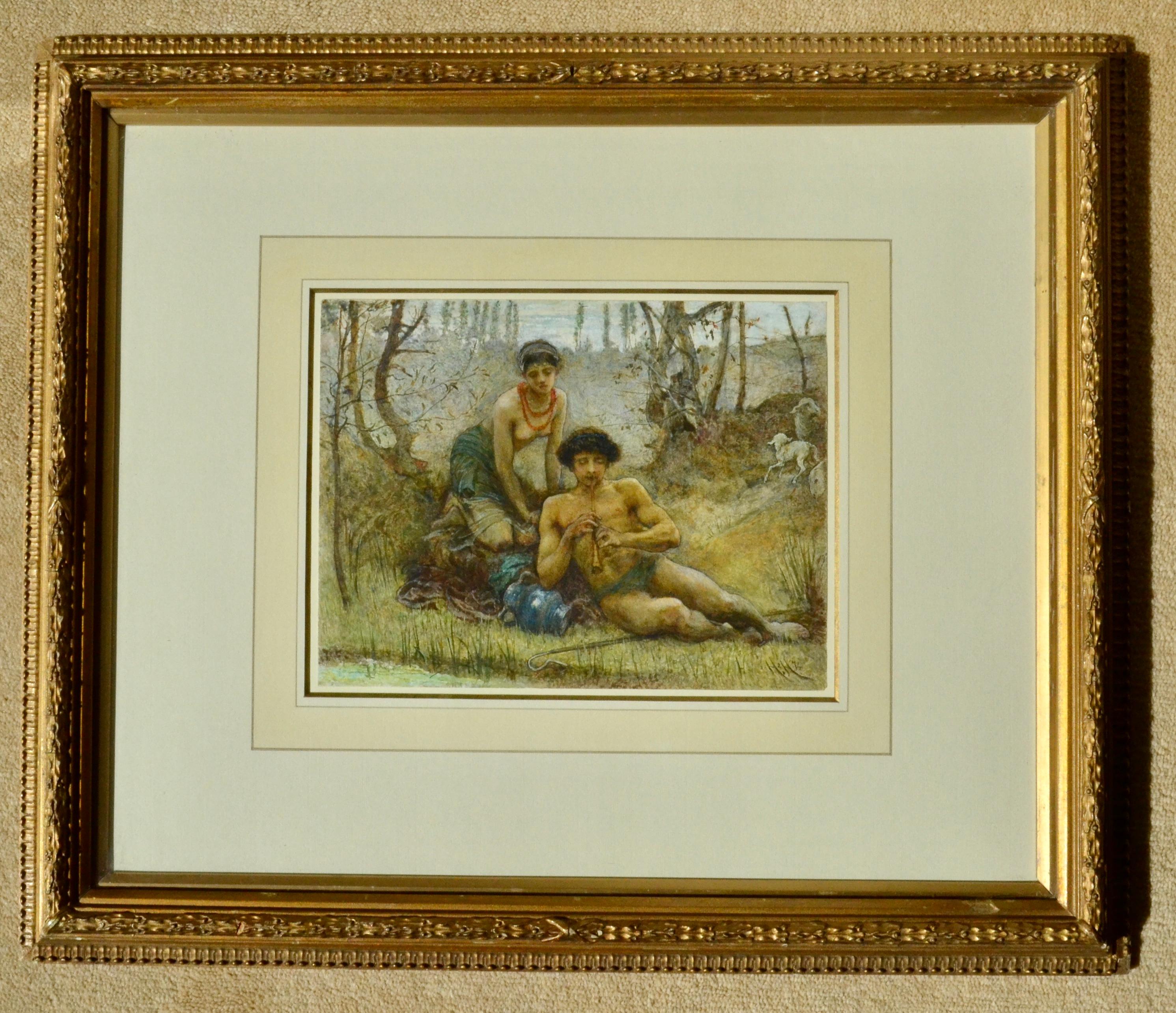 The Pipe's of Pan - British Watercolour by Hubert von Herkomer For Sale 1