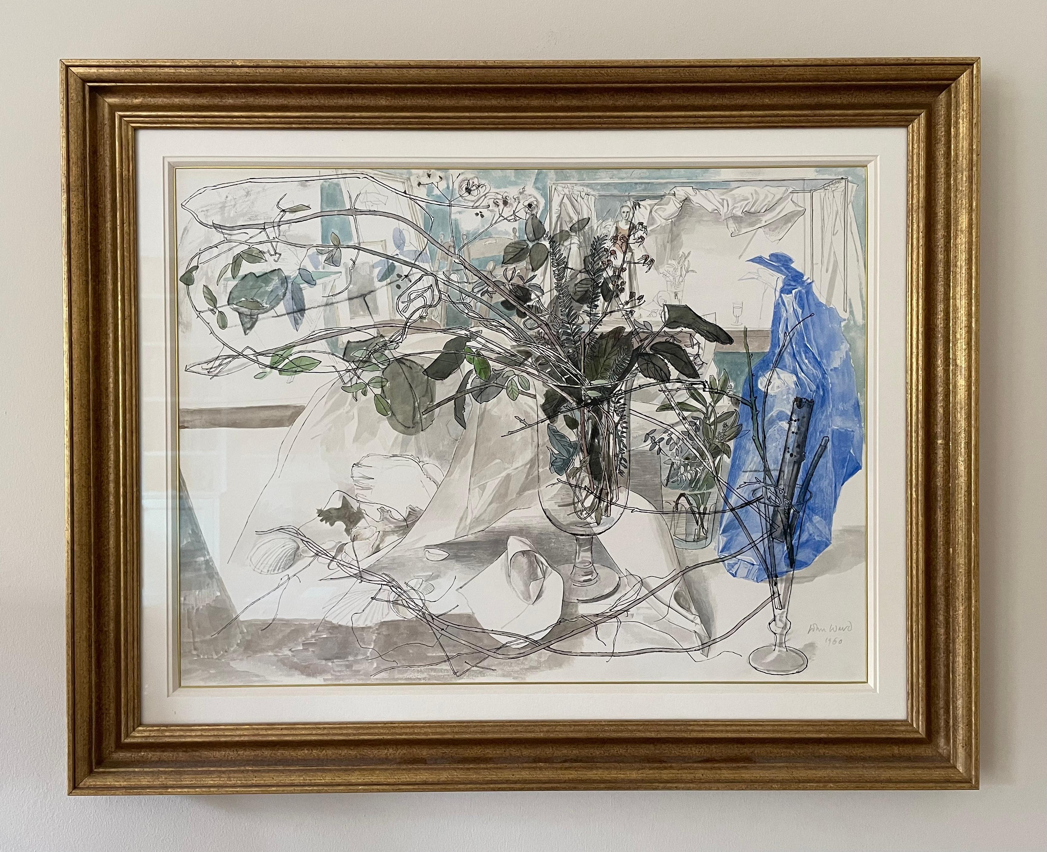 JOHN STANTON WARD, RA, RWS
(1917-2007)

Glasses, Branches and Paper

Signed and dated 1960
Pen and ink, pencil and watercolour

47 by 63 cm., 18 ½ by 24 ¾ in.
(frame size 64.5 by 80.5 cm., 25 ¼ by 31 ¾ in.)

Provenance:
Private collection since