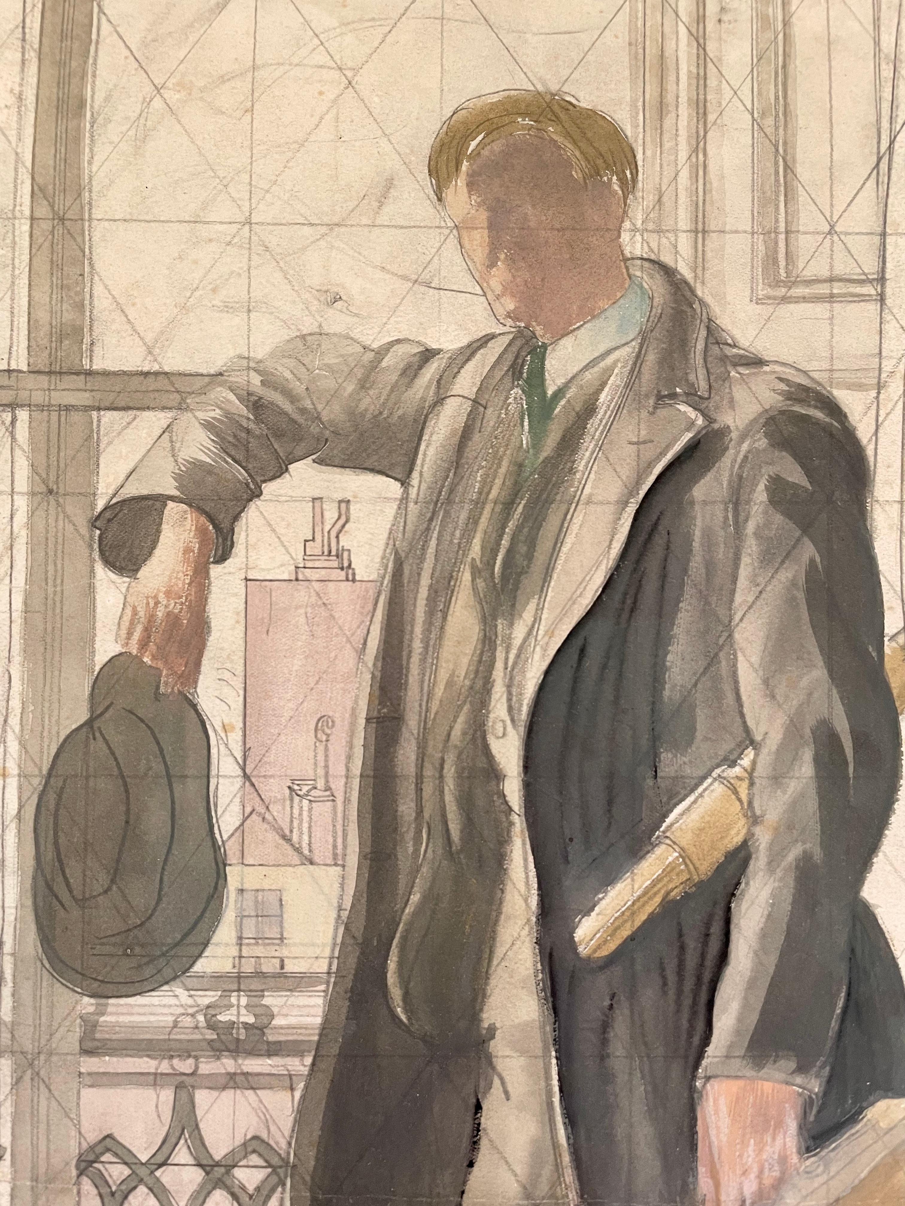 Mary Adshead - 20th Century British watercolour portrait of Stephen Bone For Sale 4