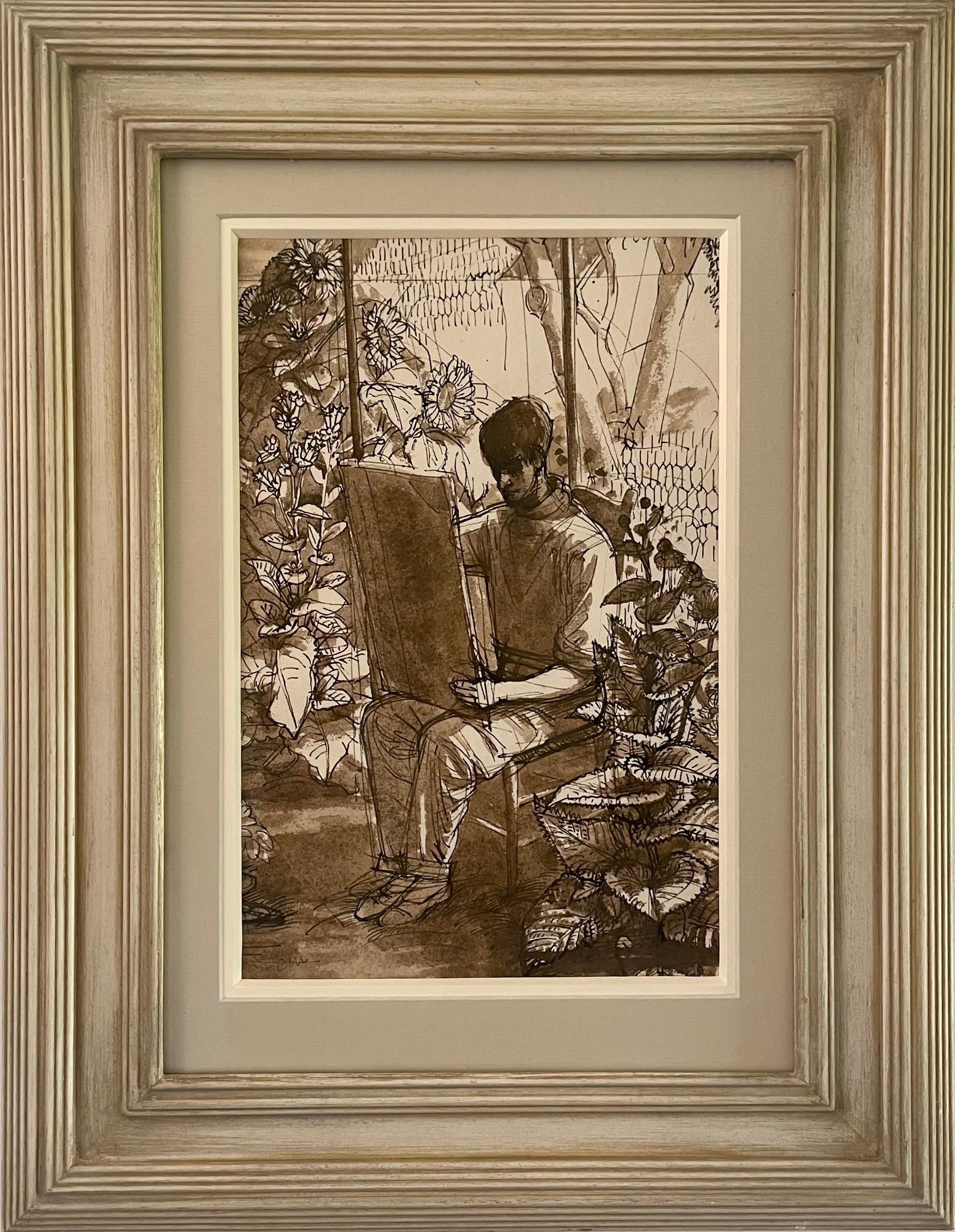 Charles Mahoney - Self Portrait, Modern British watercolour and ink drawing For Sale 2