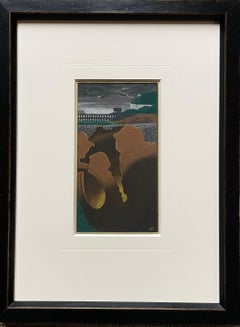 Surreal Landscape with Cliffs and Viaduct - 20th Century British Pastel