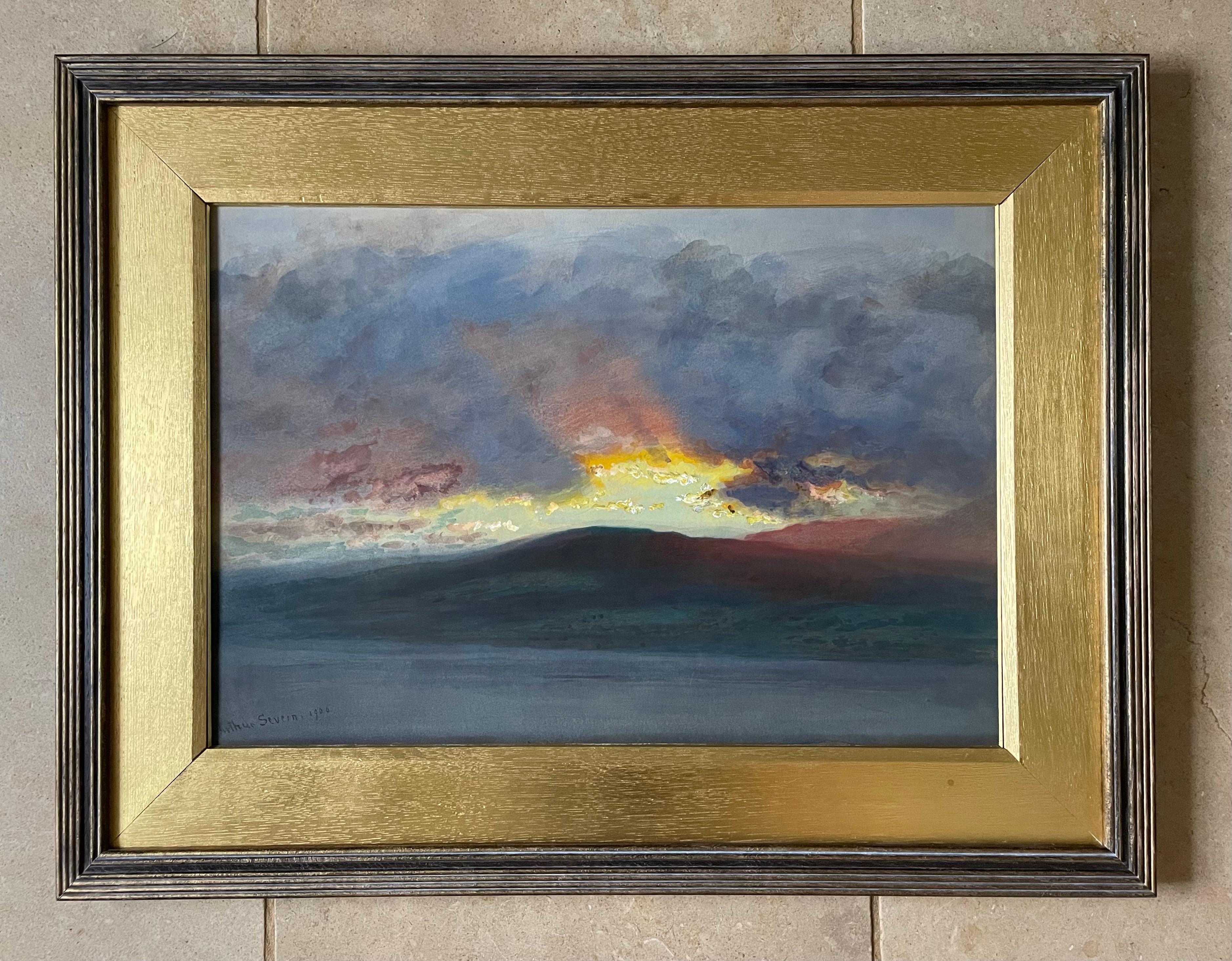 JOSEPH ARTHUR PALLISER SEVERN
(1842-1931)

Efecto Sol - por encima de Waldney Scar, Coniston

Firmado y fechado en l.l: Arthur Severn/1906; firmado e inscrito con el título y la dirección del artista en una etiqueta pegada en el tablero