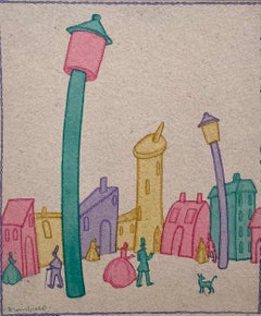 John Dronsfield - British 1930s Surreal watercolour of a City Square