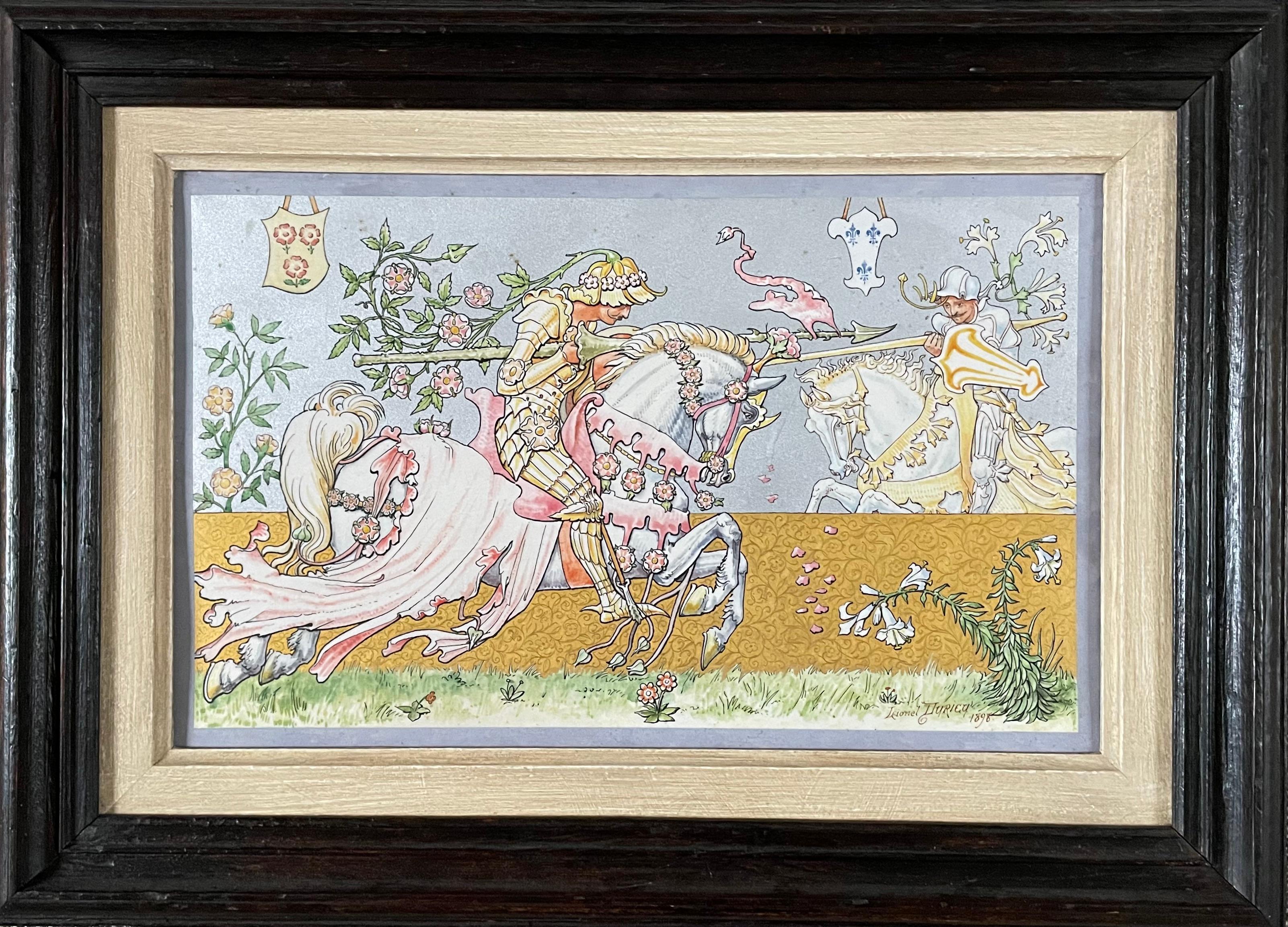 Lionel Durieu - Le lys et la rose - aquarelle belge Arts & Crafts en vente 1