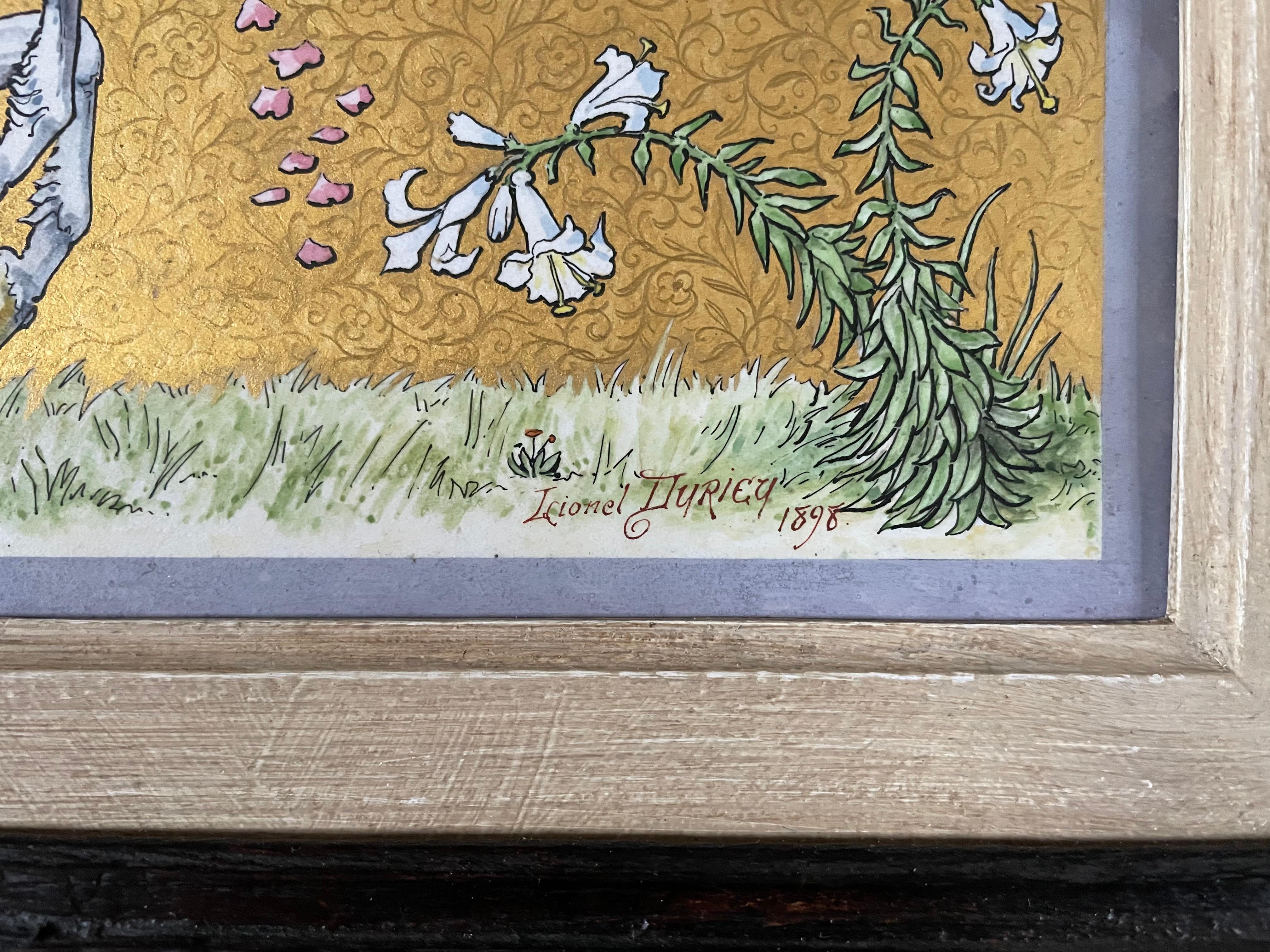 Lionel Durieu - Le lys et la rose - aquarelle belge Arts & Crafts en vente 3