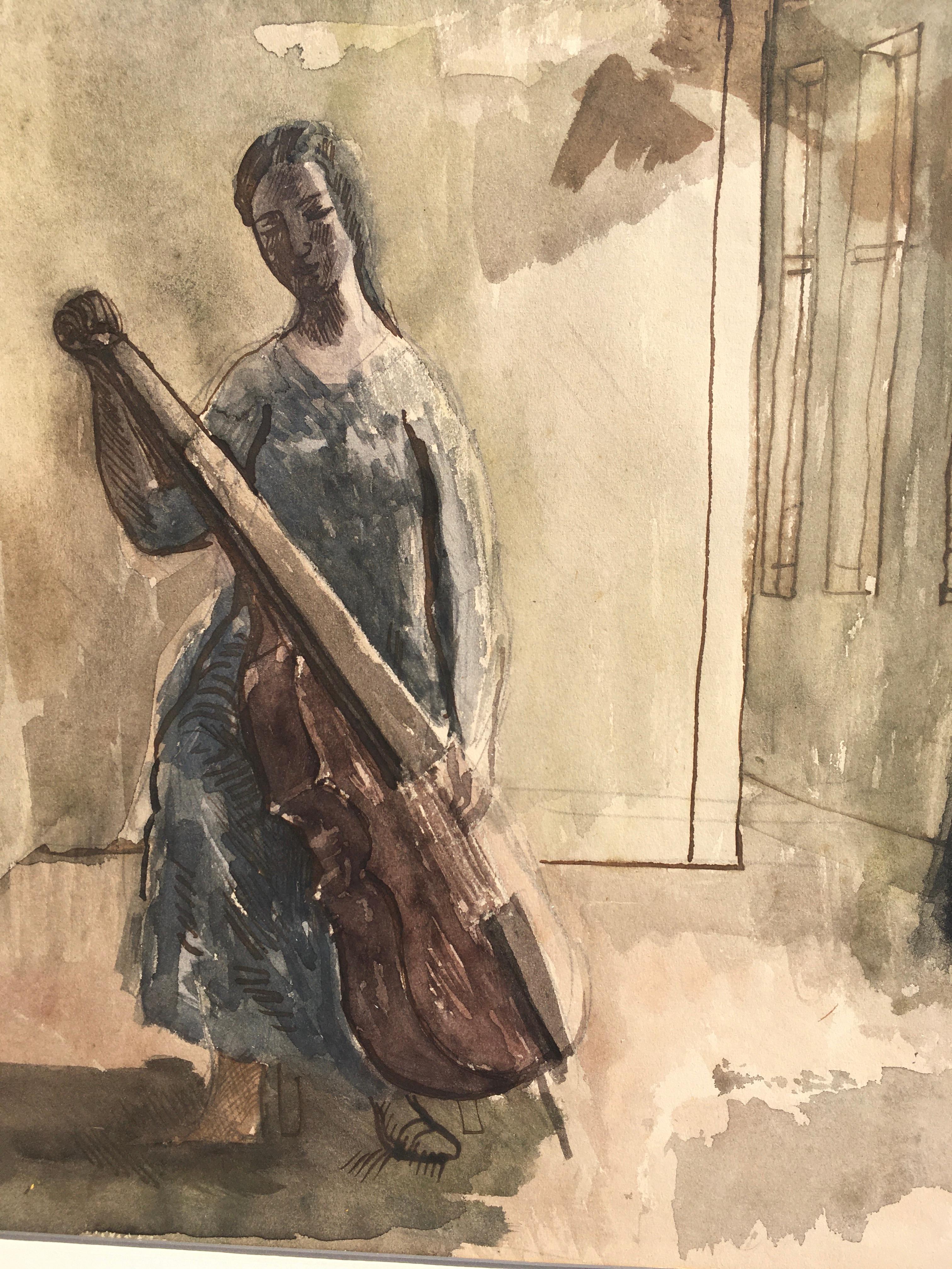 The Cello - Dessin à l'aquarelle britannique moderne des années 1960 de William S Taylor. en vente 1