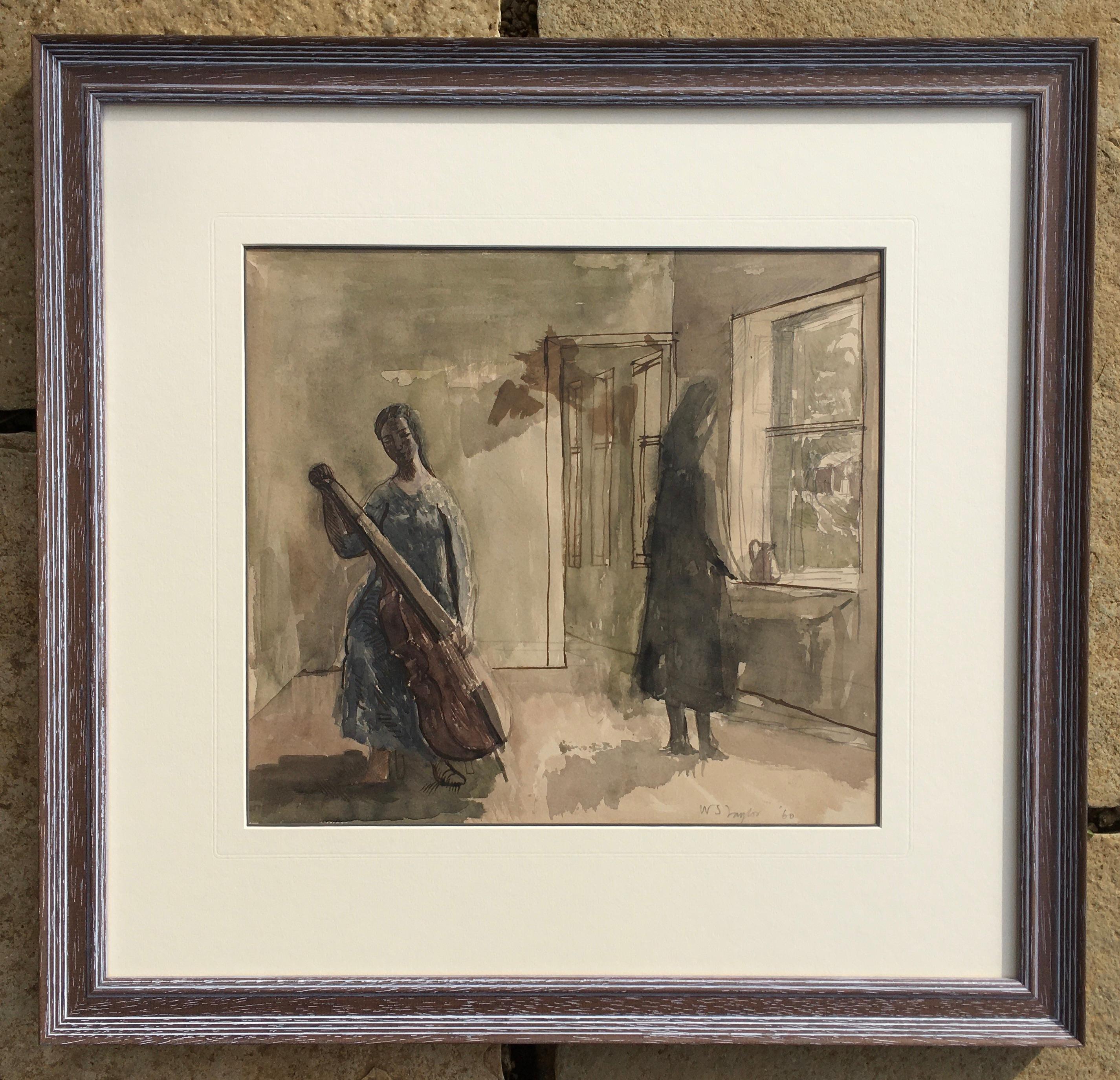 The Cello - Dessin à l'aquarelle britannique moderne des années 1960 de William S Taylor. en vente 2