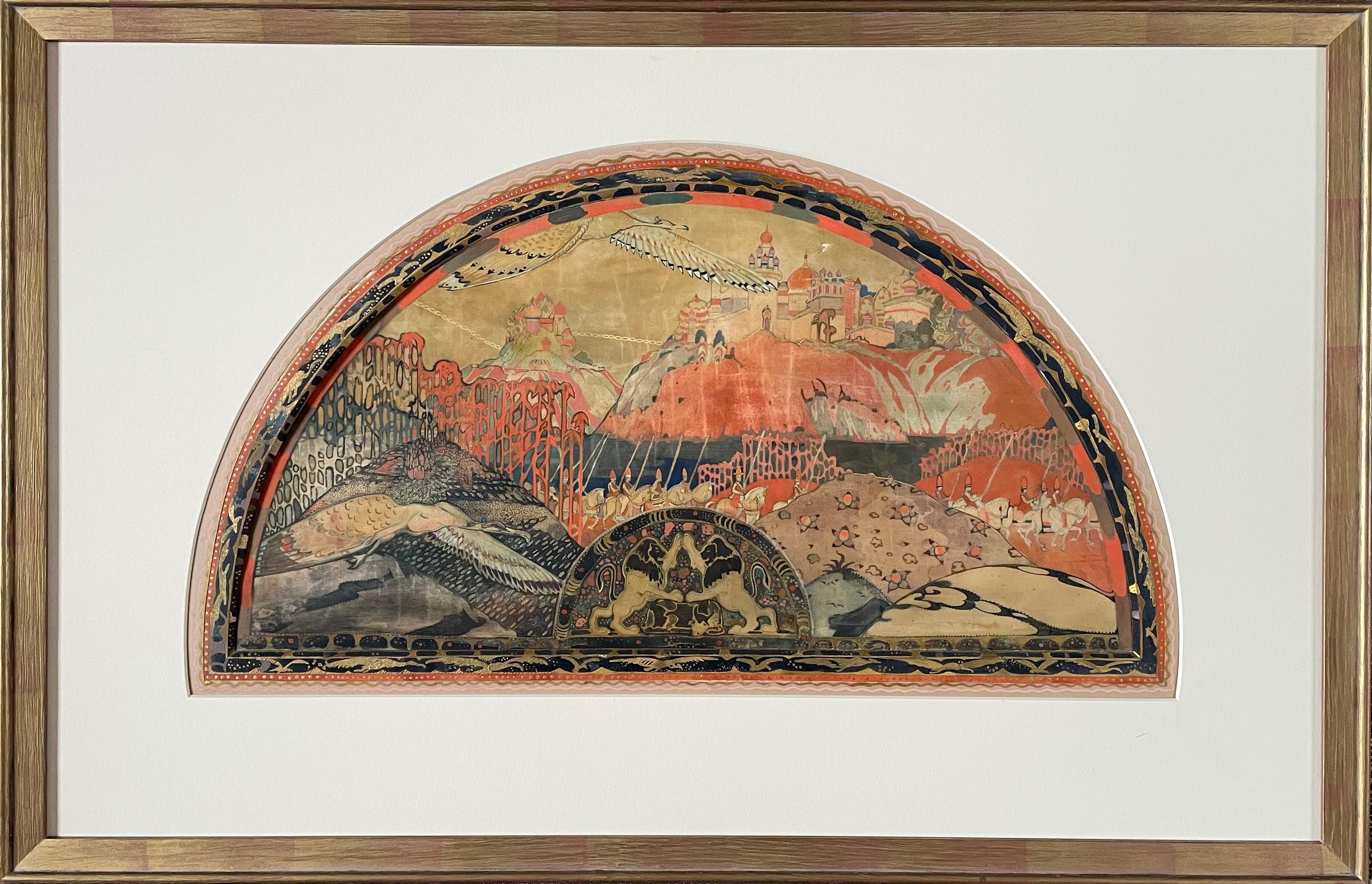 GEORGE SHERINGHAM
 (1884-1937)

The War Birds

Signed and inscribed with title on a label on the backboard
Watercolour and gold paint on silk, semi circle shape, in artist’s decorated mount
Framed

24 by 47.5 cm., 9 ½ by 18 ¾ in.
(frame size 46 by