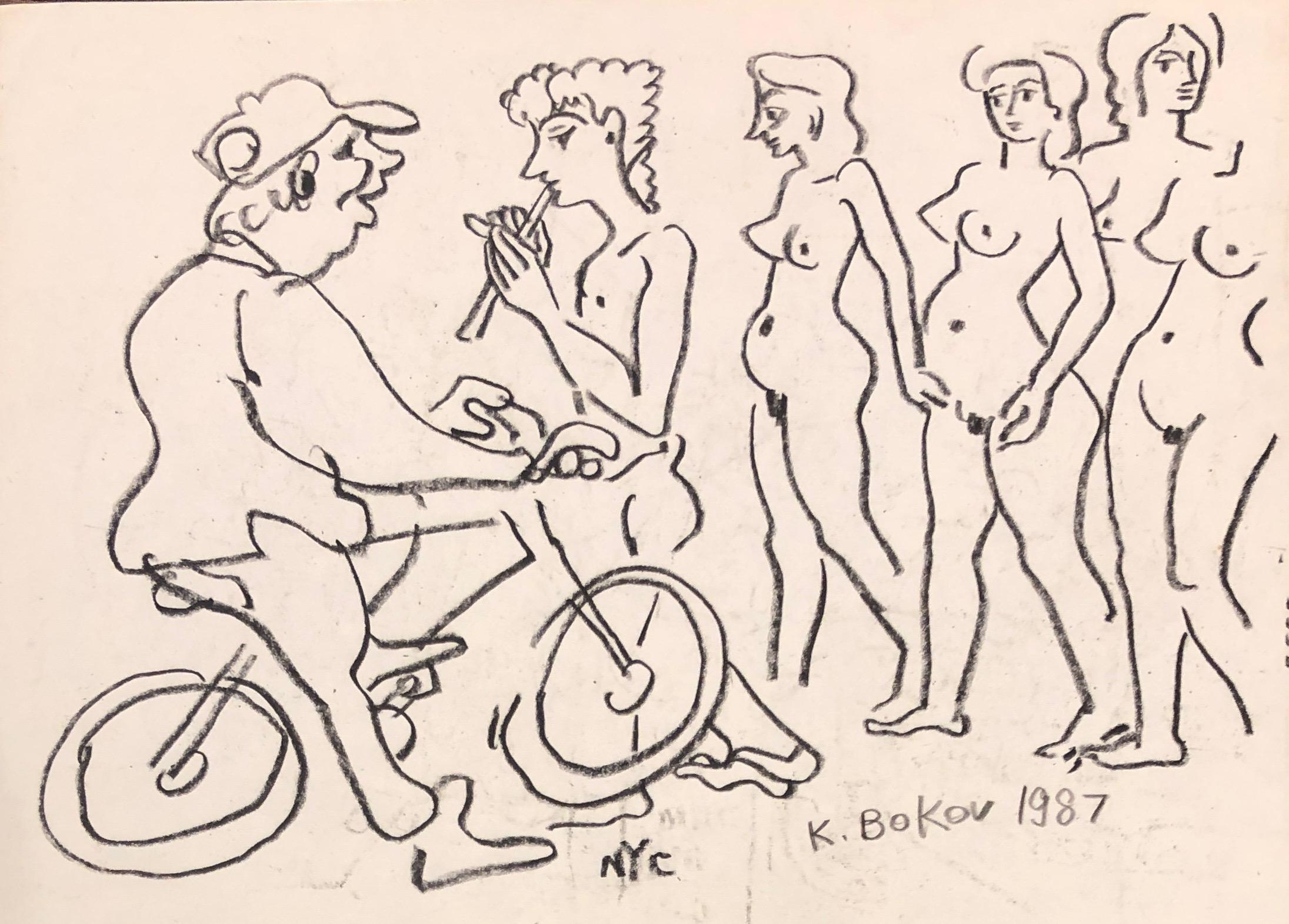 Konstantin Bokov Figurative Art - "Man On Bicycle & Nude Woman"   