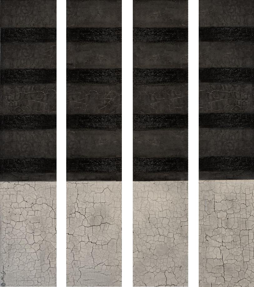  A one-of-a-kind textural abstract quadriptych original (4 panels) by Svetlana Shalygina. Each panel is made up of a unique crackle texture with shades of light & dark gray and black raised linear details on each. These thick lines of paint create a