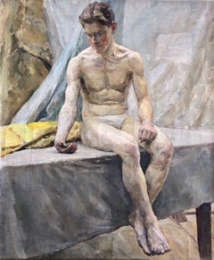 1949 Soviet Era Realism Nude Original Portrait Oil Painting Young Man 29x24