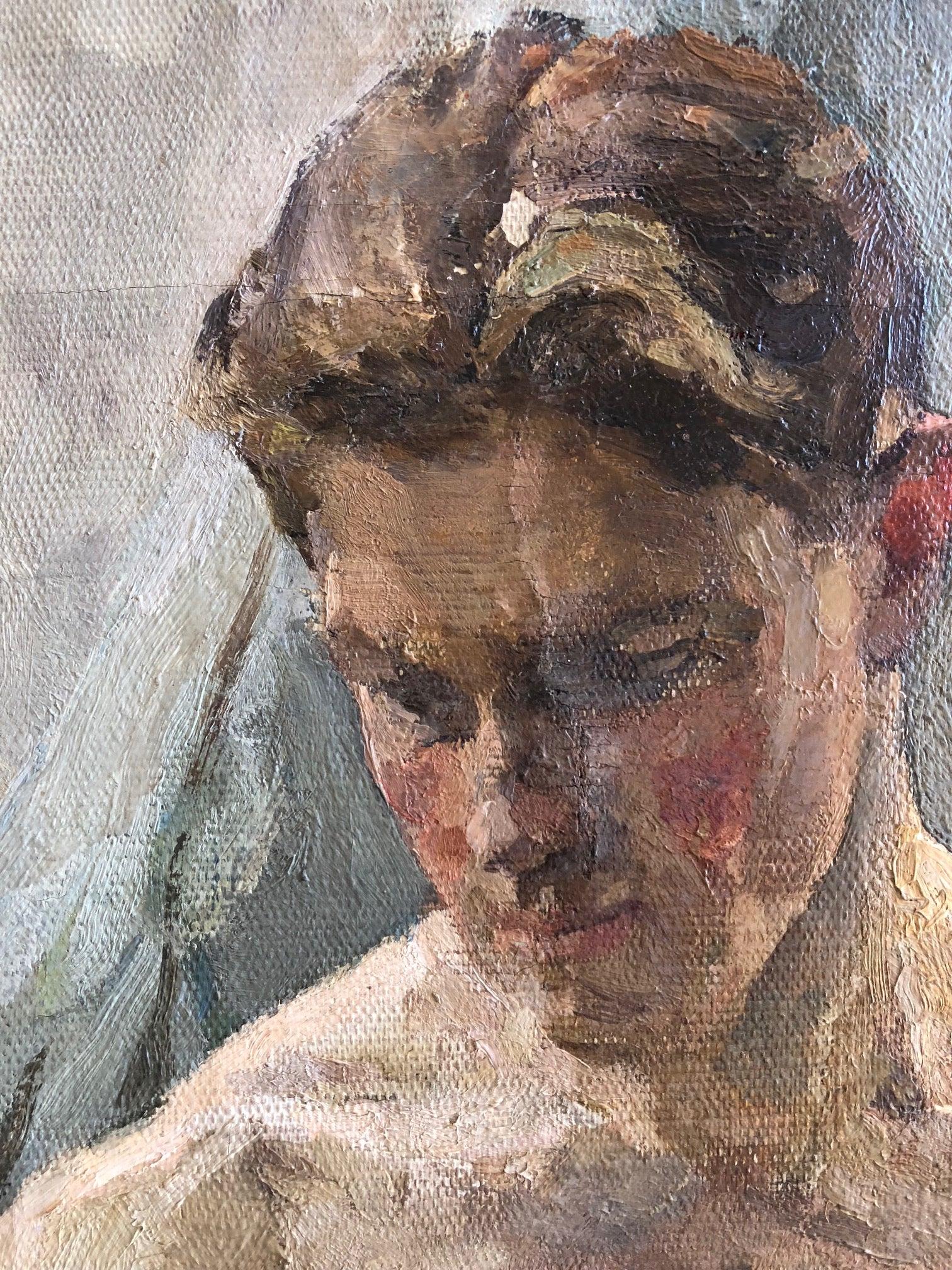 1949 Soviet Era Realism Nude Original Portrait Oil Painting Young Man 29x24 For Sale 1