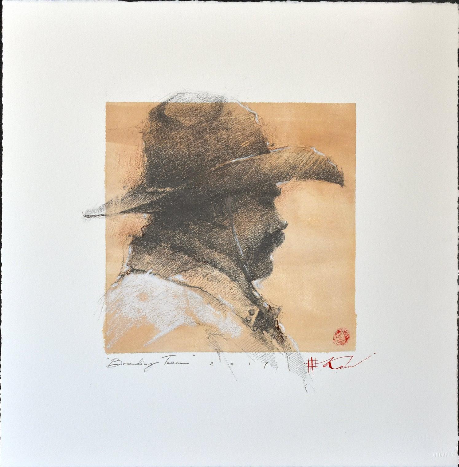 Andre Kohn  Portrait - Original Western Pencil Drawing Cowboy on Paper Plexiglass Framed