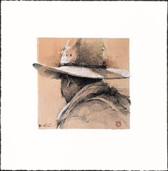 Crayon Western original dessin de cowboy sur papier encadré de plexiglas