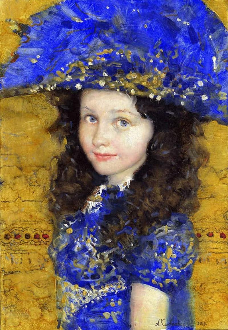 Andrey Kartashov Figurative Painting - Original Oil Painting Figurative Portrait Young Girl Blue Dress Hat Framed 29X23