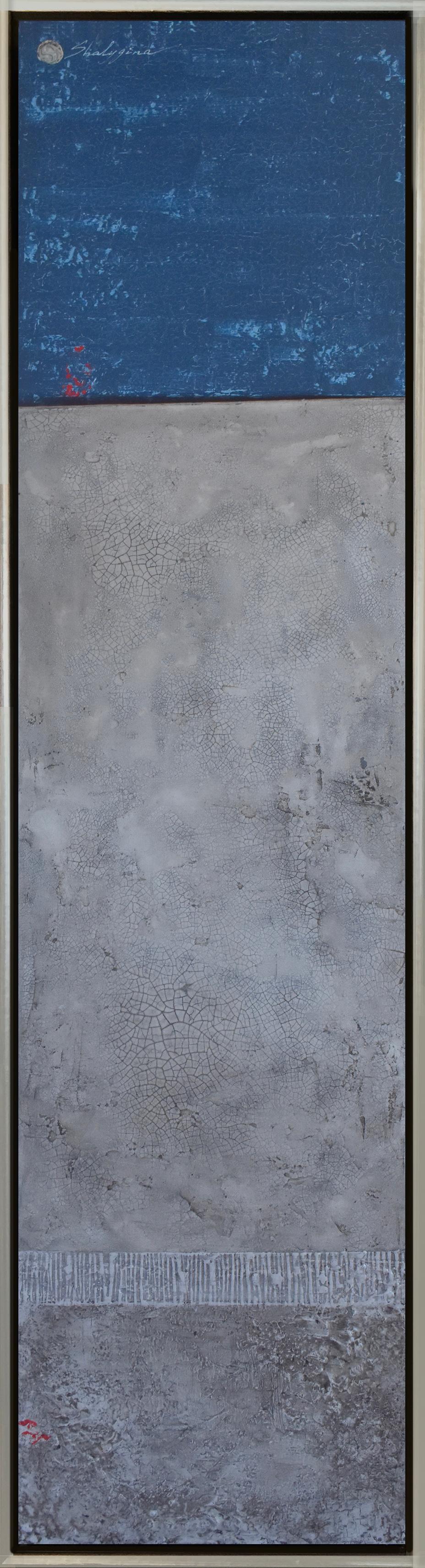 Contemporary, mixed media painting on canvas. When viewing up close, you can truly appreciate the subtle textures and intricate detail of this work. The work is framed is floating in a brushed silver frame, with black sides. If interested in