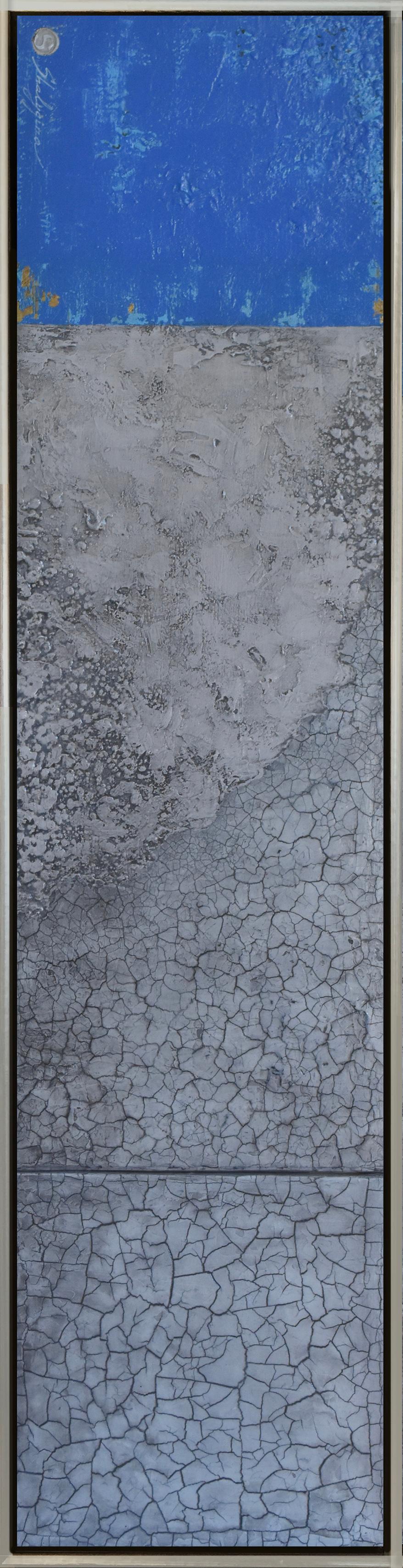 Contemporary, mixed media painting on canvas. When viewing up close, you can truly appreciate the subtle textures and intricate detail of this work. The work is framed is floating in a brushed silver frame, with black sides. If interested in