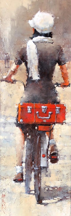 Andre Kohn. « Fille avec une valise rouge ». Huile figurative sur toile d'enveloppe de musée.