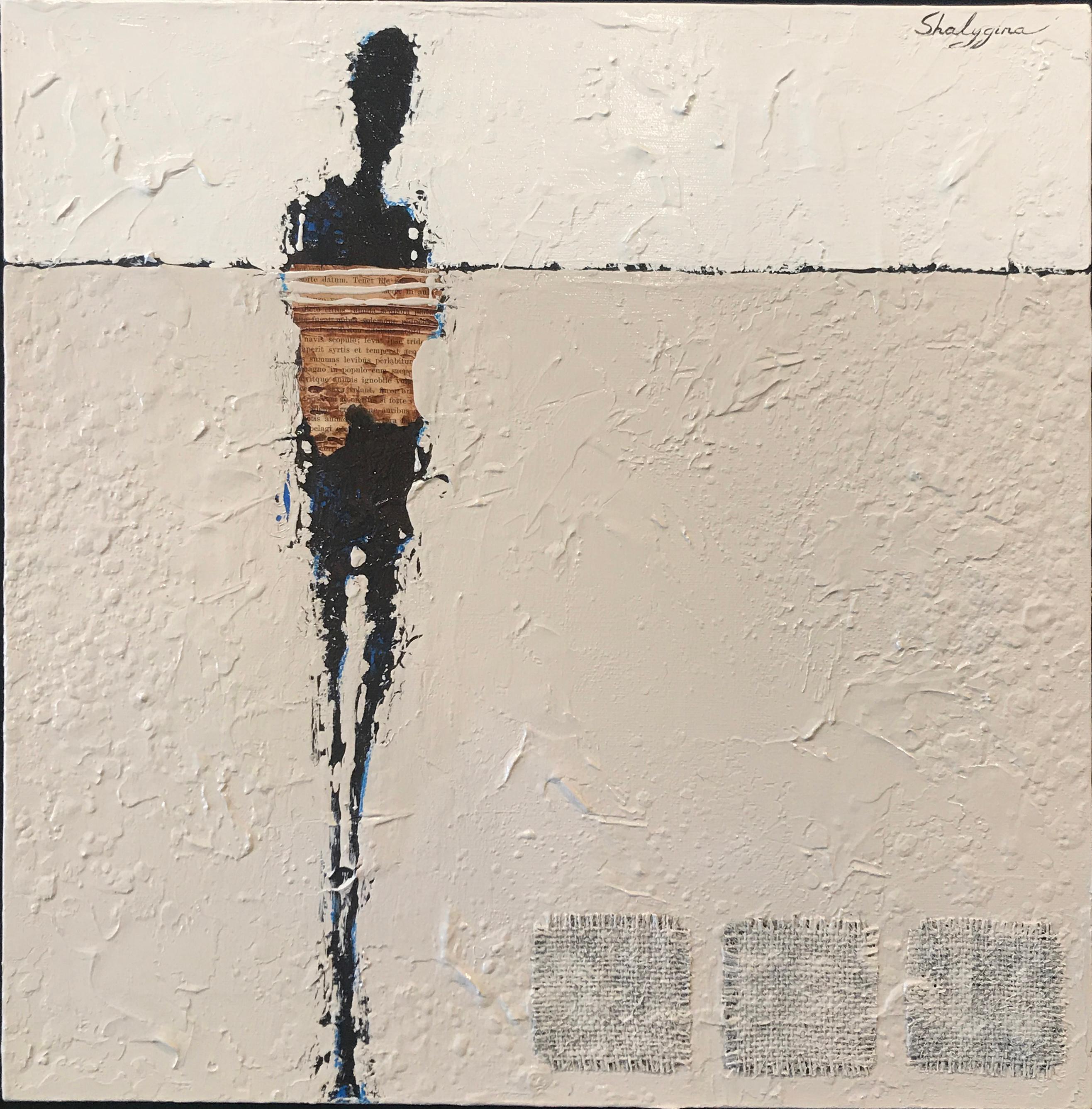 "Le Vent" is a mixed media work incorporating Latin script, patches of texture, and featuring the artists highly recognizable figure. 

Svetlana’s monochromatic and minimalistic abstract works are often compared to an orchestra and a symphony. The