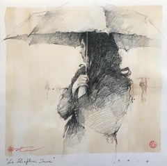 Andre Kohn "Le Parapluie Jaune" Original "Yellow Umbrella" French style drawing.