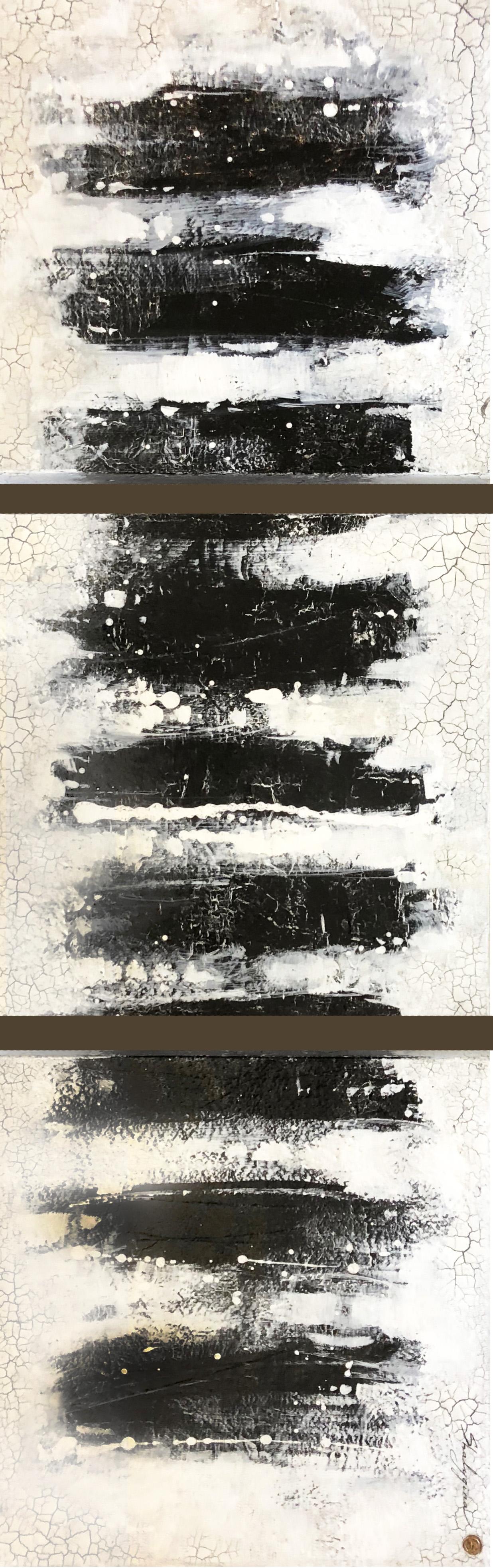 A striking black and white abstract statement piece that can be displayed vertically or horizontally. Each panel measures 24" x 24". This original mixed media work of art is made up of intricate layered texture and paint with a unique crackle