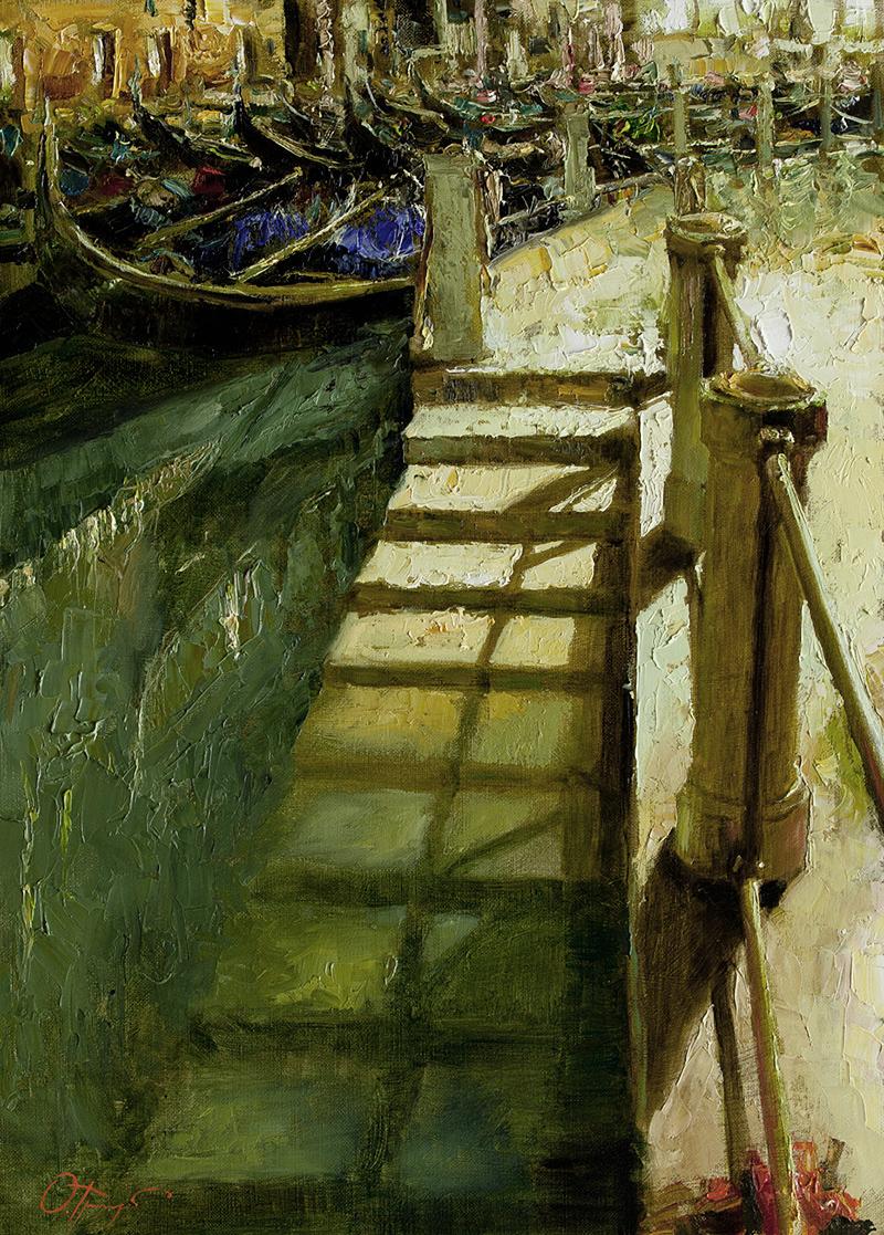 "Venetian Staircase" by Oleg Trofimov is an original oil painting that includes a custom frame with a hand stretched silk liner and intricate beading detail. Detailed photos show the thick patches of carefully layered paint built up on the canvas. A