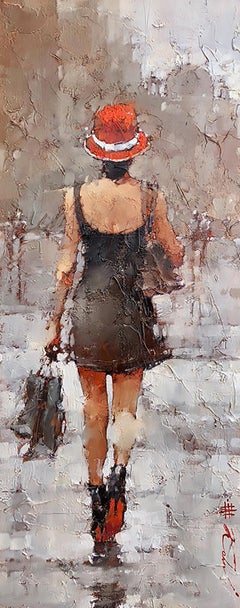 Andre Kohn. "Little Black Dress" Peinture à l'huile impressionniste moderne originale.