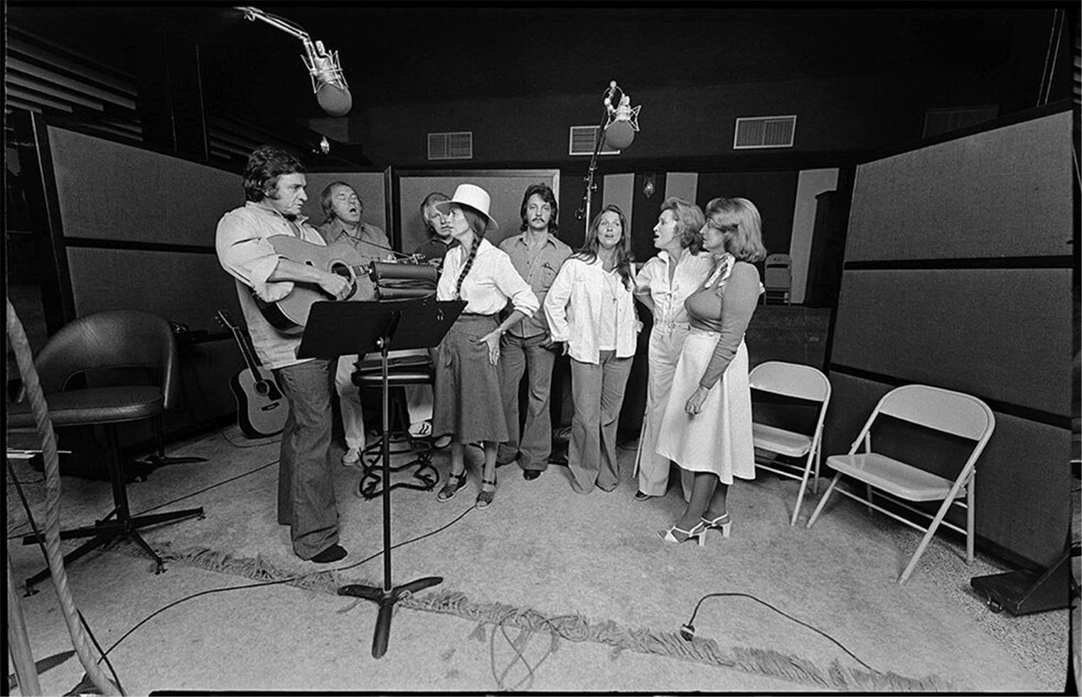 Al Clayton Black and White Photograph - Johnny Cash, Cash family in studio, 1979