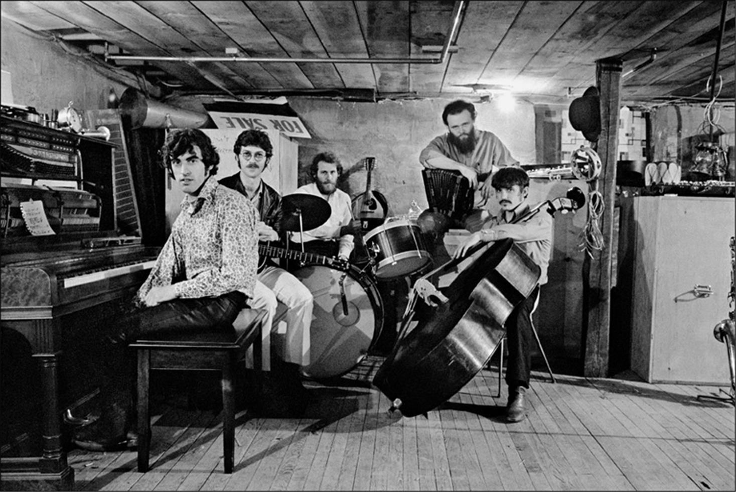 Elliott Landy Black and White Photograph - The Band, basement of Rick Danko’s Zena Rd. home, Woodstock, 1969