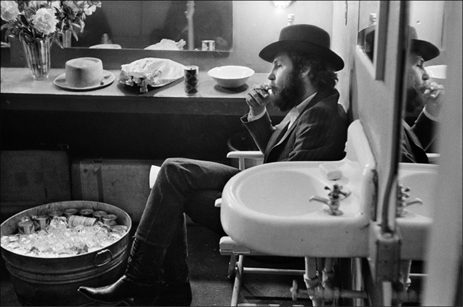 Elliott Landy Black and White Photograph - Levon Helm, The Band, backstage Fillmore East, NYC, 1969