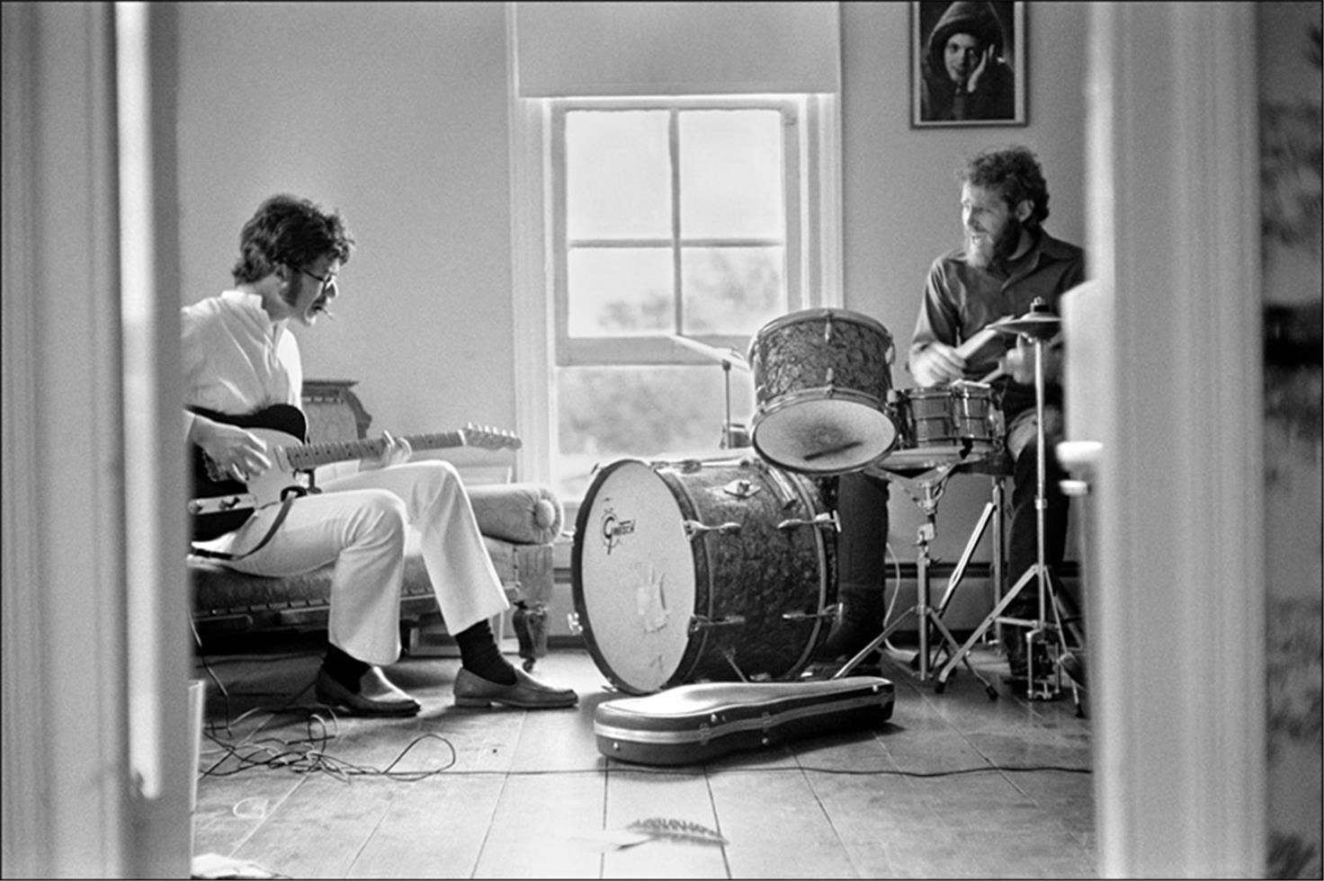 Elliott Landy Black and White Photograph - The Band, Robbie Robertson & Levon Helm rehearsing in Rick Danko’s Zena Rd. home