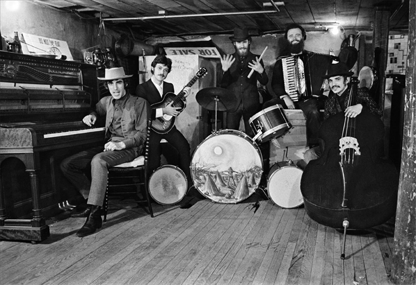 Elliott Landy Black and White Photograph - The Band, in the basement of Rick Danko’s Zena Rd. home, Woodstock, 1969