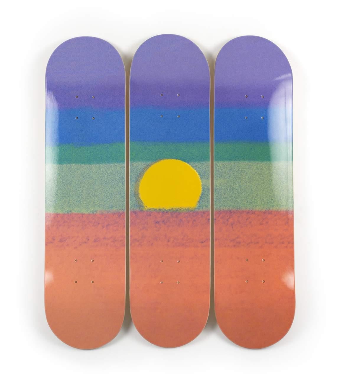 after Andy Warhol - SUNSET (ORANGE)
Date of creation: 2019
Medium: Digital print on Canadian maple wood
Edition: 500
Size: 80 x 20 cm (each skate)
Condition: In mint conditions and never displayed
This work is formed by three skate decks made of 7