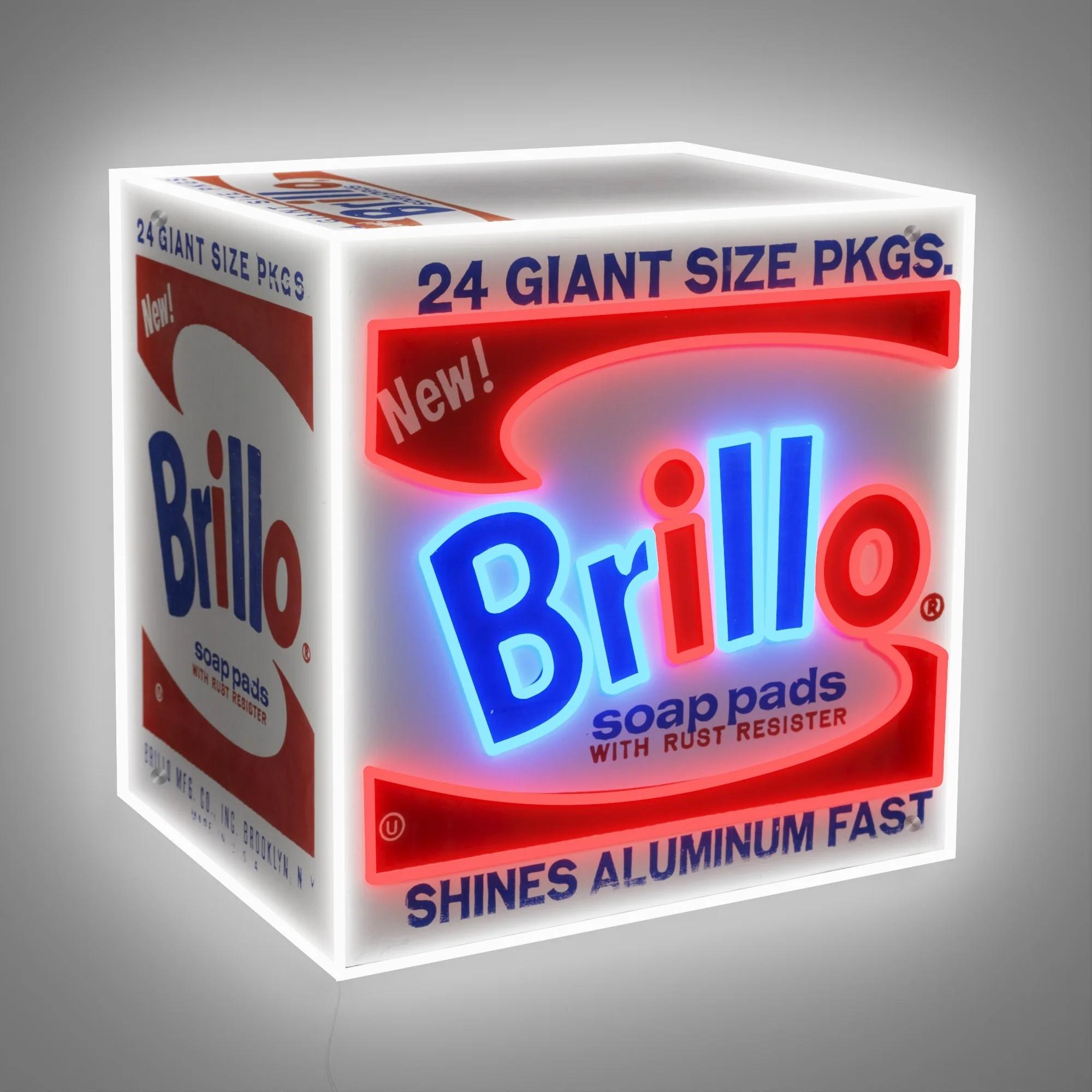 AFTER ANDY WARHOL - Brillo Box YP x Andy Warhol. Design Neon LED Lamp. Pop Art For Sale 1
