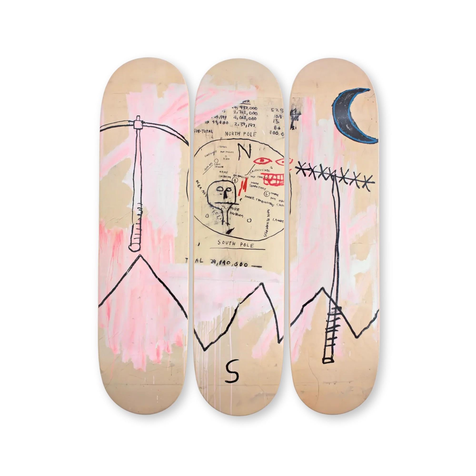 Jean-Michel Basquiat - Both Poles

Date of creation: 2024
Medium: Digital print on Canadian maple wood
Edition: Open
Size: 80 x 20 cm (each skate)
Condition: In mint conditions and never displayed
This triptych is formed by three skate decks made of