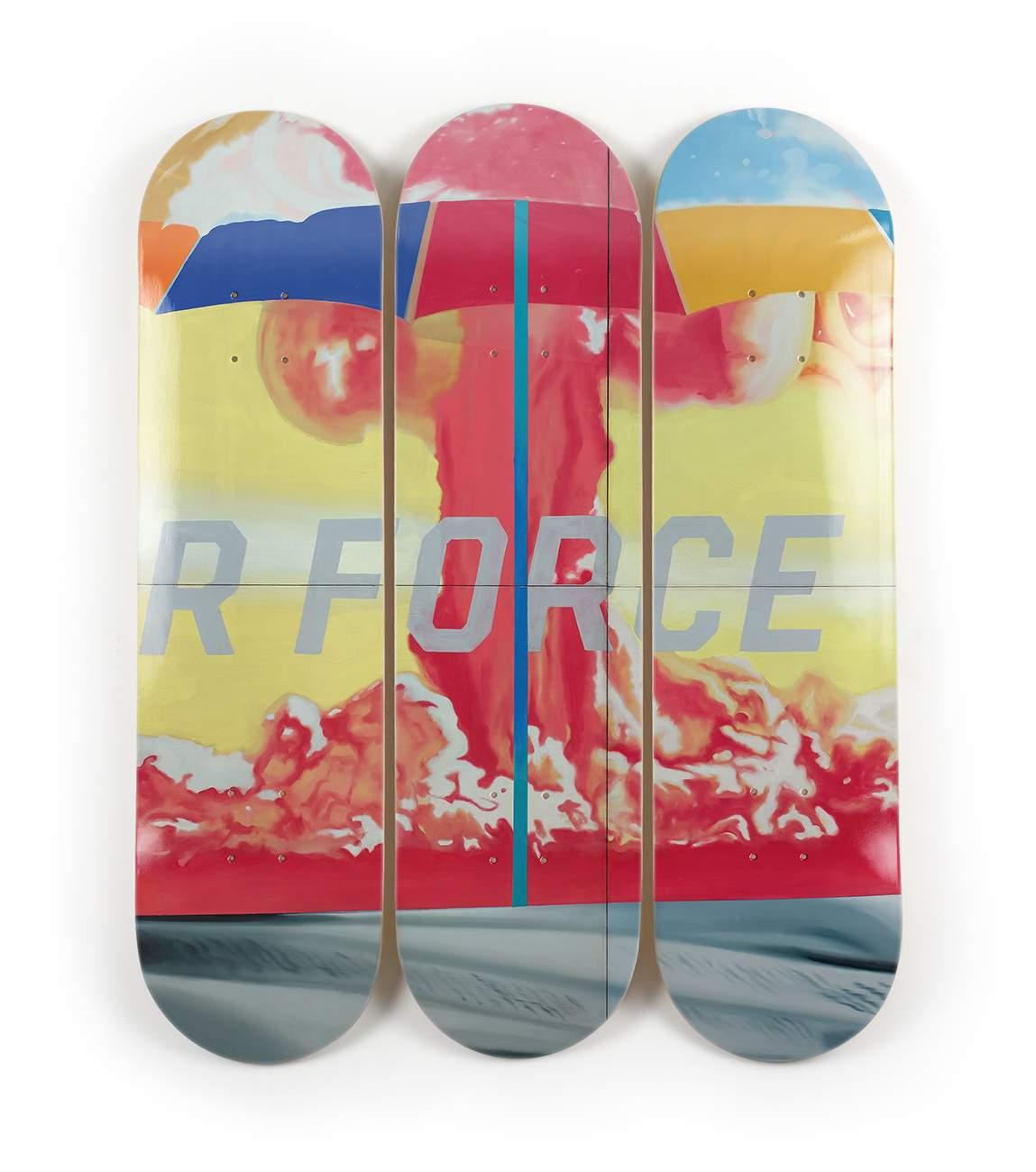 The Skateroom x James Rosenquist 
F-111 TRIPTYCH A (ATOM)
Date of creation: 2021
Medium: Digital print on Canadian maple wood
Edition: 100, unnumbered
Unsigned 
Size: 80 x 20 cm (each skate)
Condition: In mint conditions and never displayed
This
