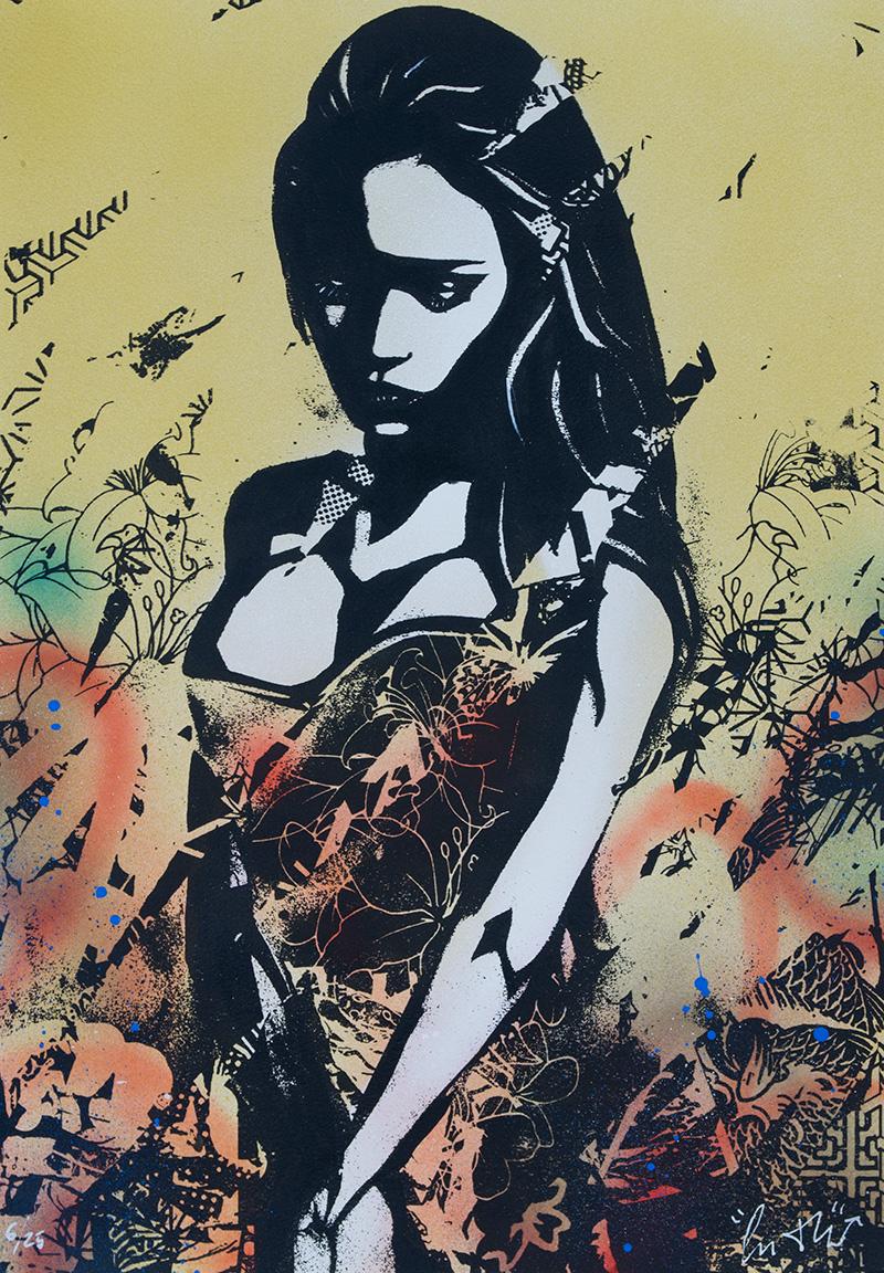 Copyright Figurative Print - COPYRIGHT: Sadness (Gold)  - Screen print, acrylic & spray Street art, Graffiti