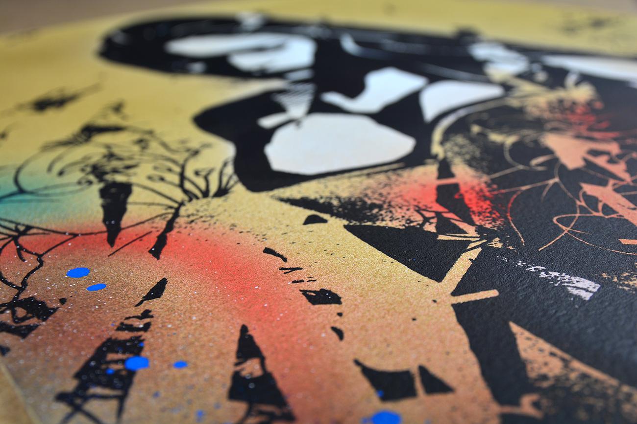 COPYRIGHT: Sadness (Gold)  - Screen print, acrylic & spray Street art, Graffiti - Beige Figurative Print by Copyright