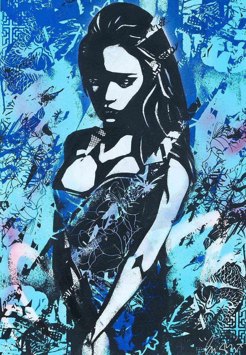 Copyright Figurative Print - COPYRIGHT: Sadness (Blue)  - Screen print, acrylic & spray Street art, Graffiti