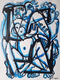 Leben #1 Shelomo Selinger Zeitgenössische Kunstzeichnung Tusche blau Paar nackt 