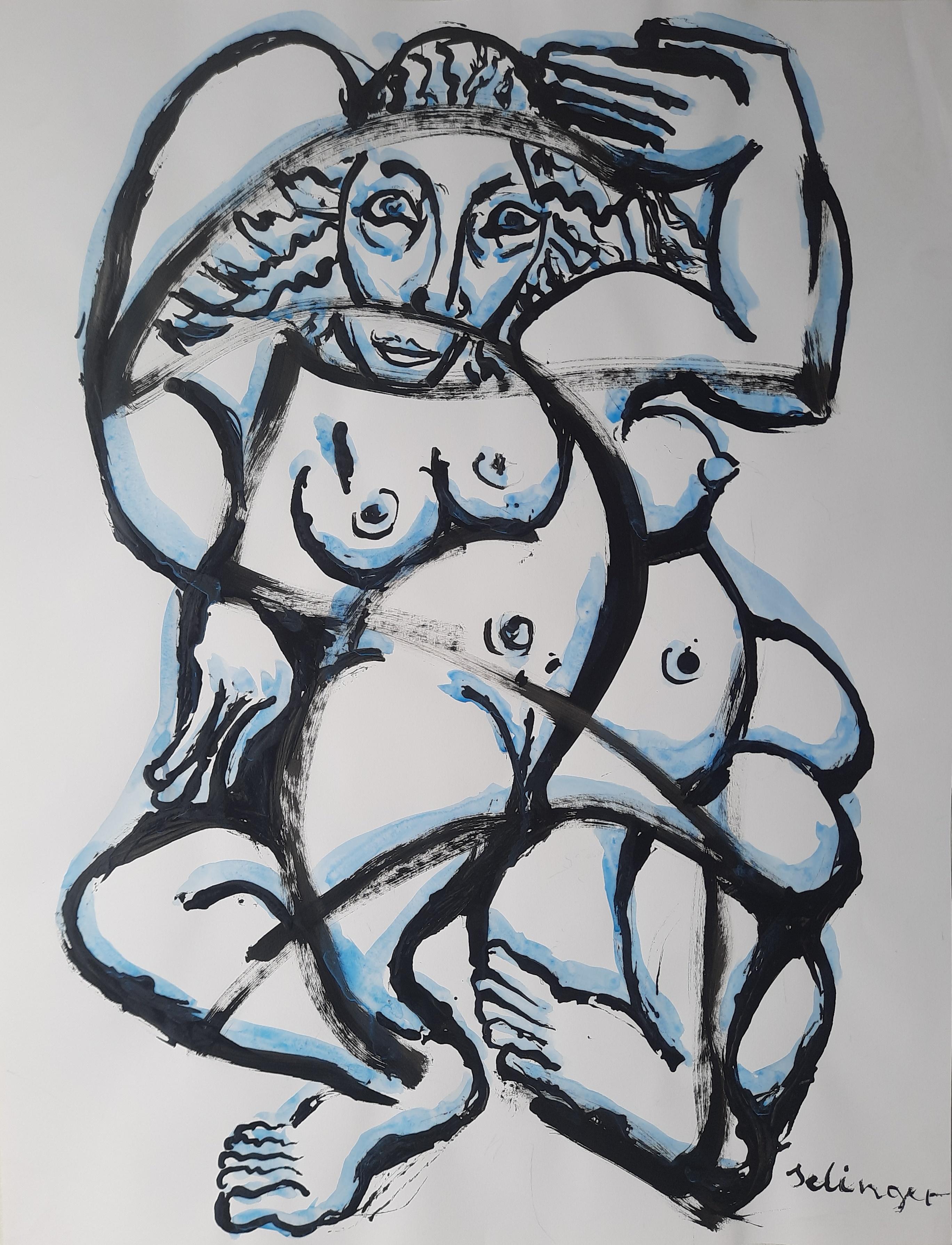 Life #2 Shelomo Selinger Dessin d'art contemporain Encre de Chine bleu couple nu 