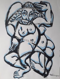 Leben #2 Shelomo Selinger Zeitgenössische Kunstzeichnung Tusche blau Paar nackt 