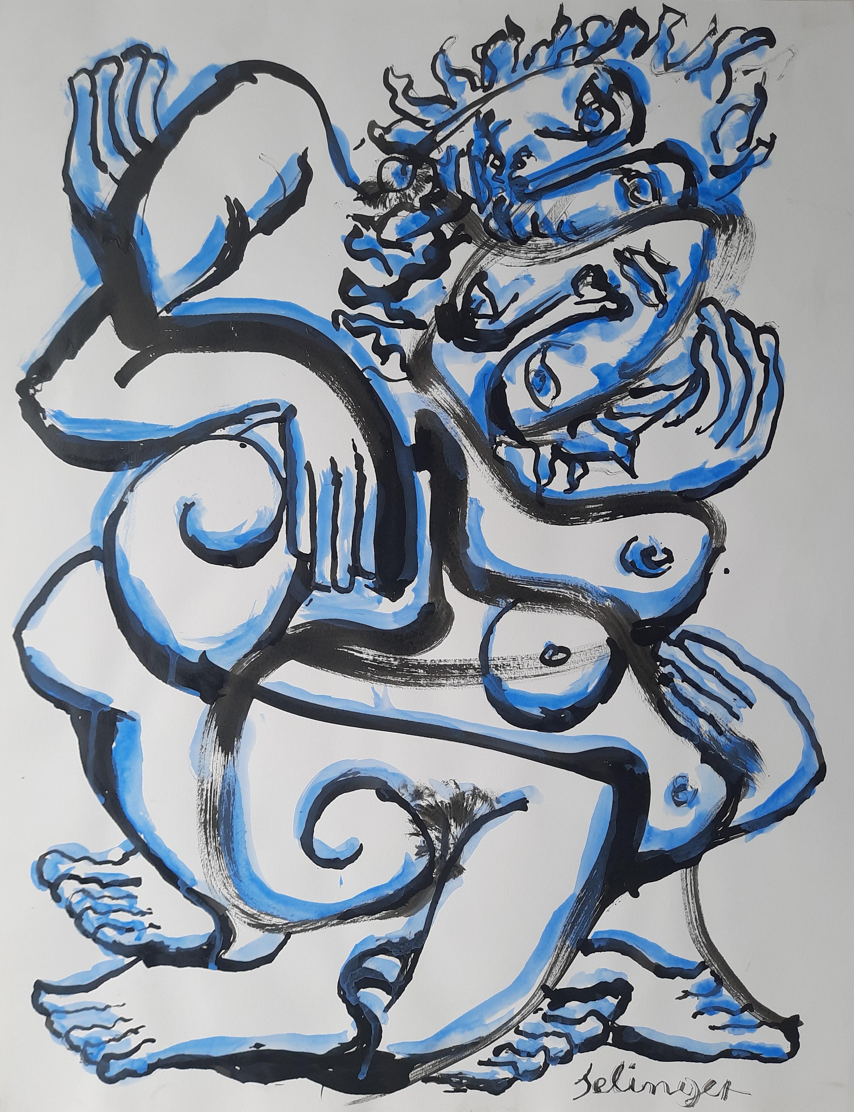 Vie #3 Shelomo Selinger Dessin d'art contemporain Encre de Chine bleu couple nu 