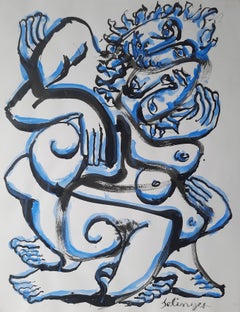 Leben #3 Shelomo Selinger Zeitgenössische Kunstzeichnung Tusche blau Paar nackt 