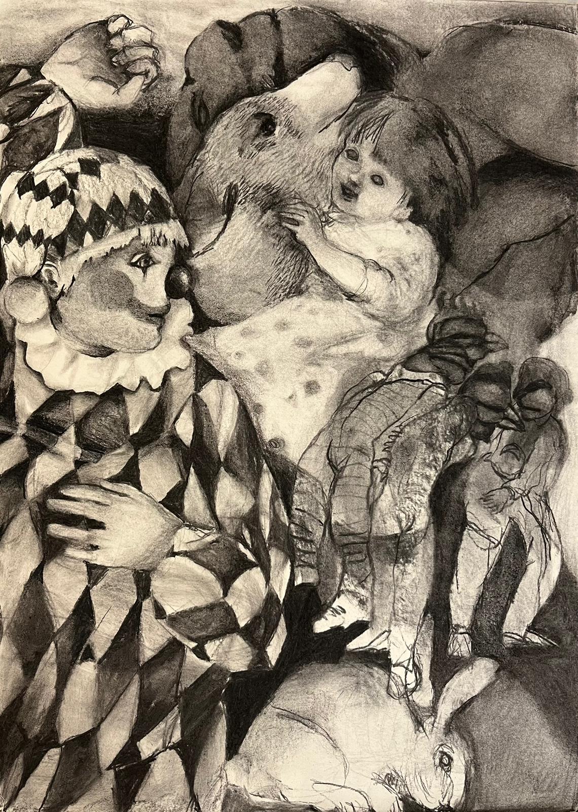 Ohne Titel #2 Zahra Zeinali Zeitgenössische Zeichnung Zirkus Tier Kohle Kunst Clown
